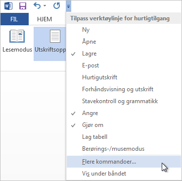 Menyen Verktøylinje for hurtigtilgang