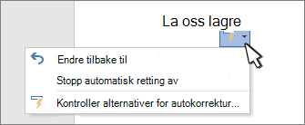 Knapper og menyer for Autokorrektur-alternativer på et korrigert arbeid på et dokument