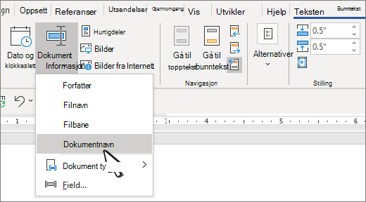 Topptekstbånd med Dokumentinformasjon uthevet