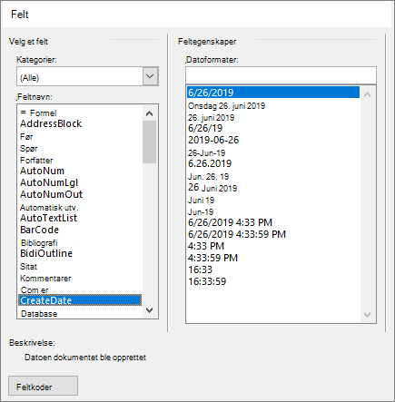 Feltvalgkategorier og -egenskaper
