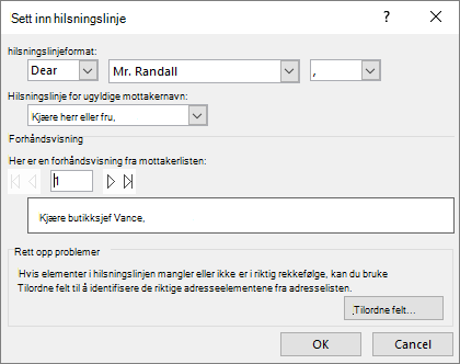Dialogboks for hilsningslinje
