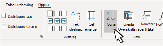 Sorter-knappen når du har valgt en tabell