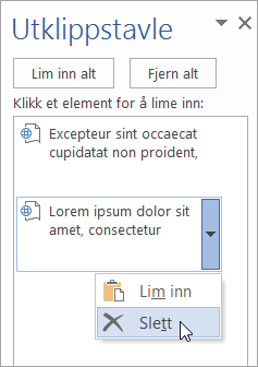 Viser sletting av et kopiert element fra utklippstavlen