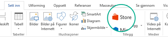 Bruk Store-knappen på Sett inn-fanen på Office-båndet for å installere Office-tillegg.