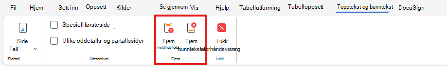 Fjerne topptekst eller bunntekst på nettet