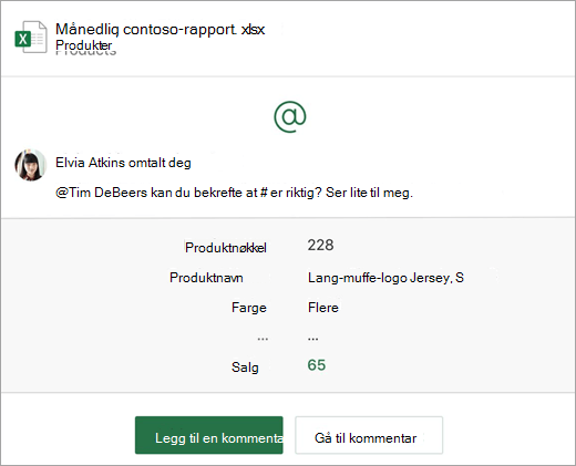 Skjermbilde av en kommentar sendt som e-postvarsel