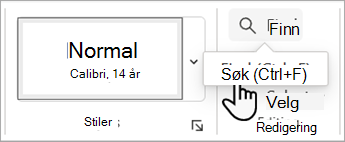 Skjermbilde som viser Søk-kommandoen på Hjem-fanen i Word for nettet.