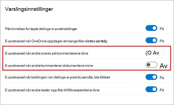 OneDrive-varselinnstillinger