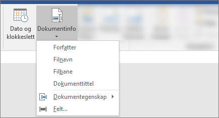 Skjermbilde som viser knappene dokumentinformasjon og dato & klokkeslett på båndet Word