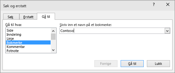 Kategorien Gå til i Søk og erstatt vises.