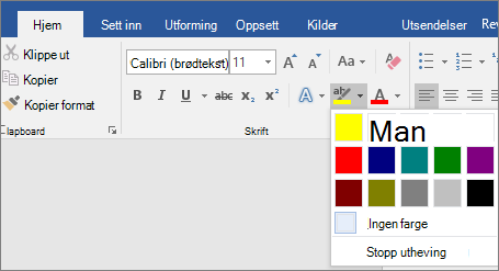 Alternativene for tekstuthevingsfarge vises på Hjem-fanen.