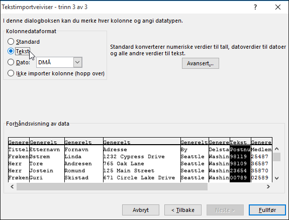 Tekst-alternativet for Kolonnedataformat er uthevet i tekstimportveiviseren.