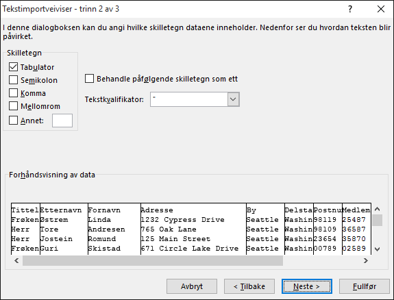 Alternativene for Skilletegn er markert i veiviseren for tekstimport.