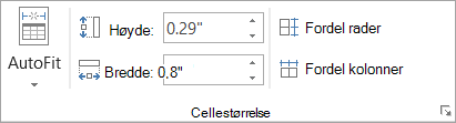 Viser alternativene i Cellestørrelse-gruppen.