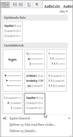 Bruk flernivålistene for kapitteloverskrifter til å formatere kapitteloverskrifter som skal inkluderes i bildetekster.