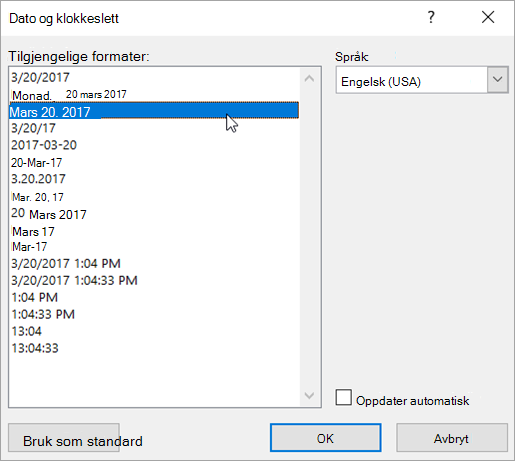 Dialogboksen Dato og klokkeslett