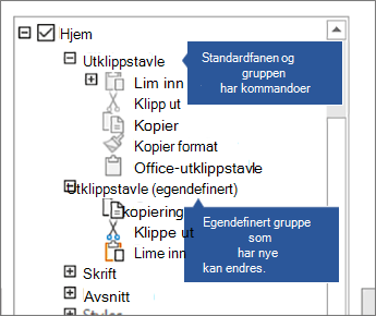 Eksempel som viser standard og egendefinerte grupper