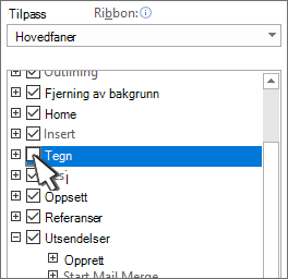 Avmerkingsboks for å skjule eller vise fanen