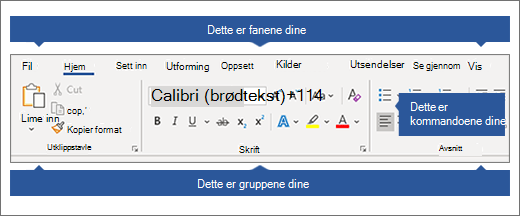 Båndet med faner, grupper og kommandoer fremhevet.