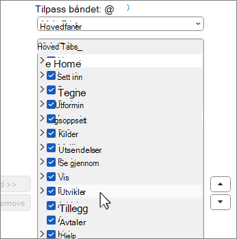 Dialogboksen Tilpass båndet med utvikleren valgt