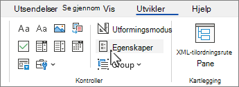 Utvikler-fanen med kontrollegenskaper-knappen valgt