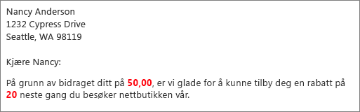 Dokument for utskriftsfletting som leser bidraget ditt på 50,00 og tilbyr deg 20 rabatt.