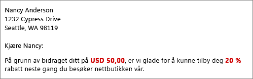 Resultatdokumentet for utskriftsfletting leser bidraget ditt på USD 50,00 og tilbyr deg 20 % rabatt.