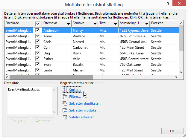 Som en del av Word utskriftsfletting, resultater av en slags mottakerliste.