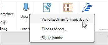 Vis verktøylinjen for hurtigtilgang valgt på menyen