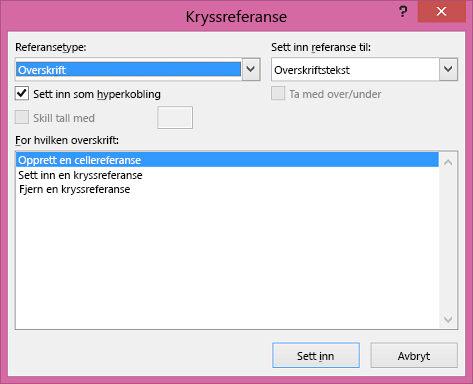 Dialogboksen Kryssreferanse i Word