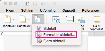 Hvis du vil formatere sidetall, klikker du Sidetall på fanen Topptekst & bunntekst, og deretter klikker du Formater sidetall.