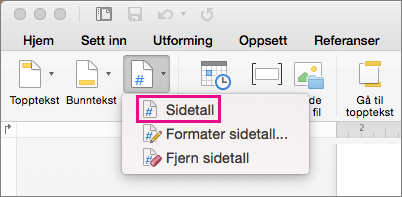 Klikk Sidetall på Sidetall-menyen på fanen Topptekst & bunntekst for å legge til et sidetall.