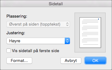 Angi plassering og justering av sidetall i Sidetall.