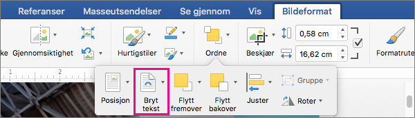 Klikk Bryt tekst for å velge hvordan teksten brytes rundt et bilde eller tegnet objekt.