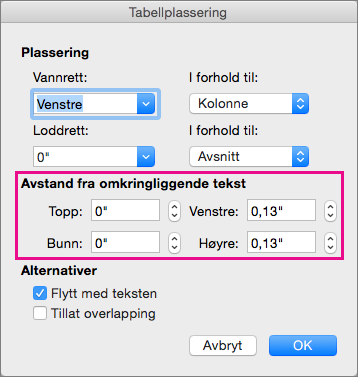 Angi avstanden mellom den valgte tabellen og brødteksten under Avstand fra omkringliggende tekst.