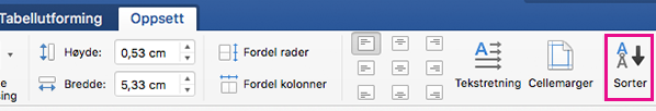 Tabelloppsett-fanen med Sorteringsalternativ uthevet.