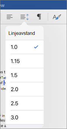 Viser alternativene for linjeavstand i Word for iPad.