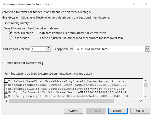 Excel Hent eksterne data fra tekst, Veiviser for import av tekst trinn 1 av 3