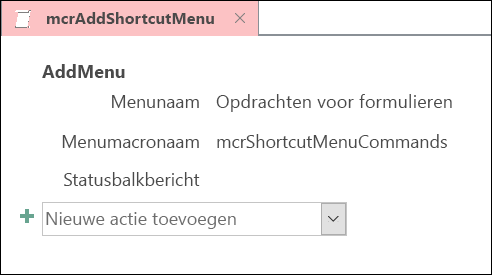 Schermafbeelding van een Access-macroobject met een macroactie MenuToevoegen.