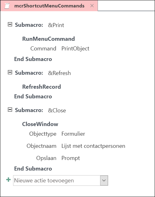 Schermafbeelding van het macro-ontwerpvenster van Access met drie submacro-instructies.