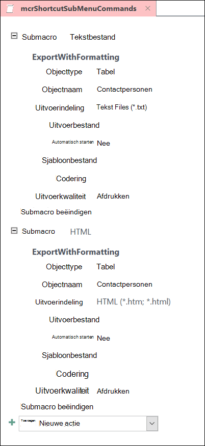 Schermafbeelding van een macro in Access met twee submacro's