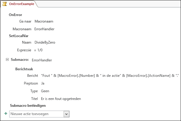 Macro-ontwerpvlak in Access met een macroactie BijFout.