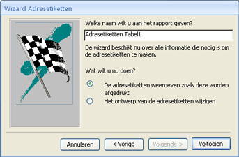 Laatste pagina van de wizard Adresetiketten