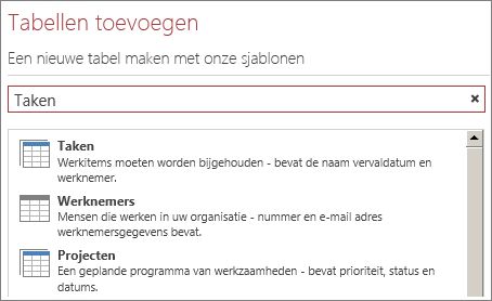 Het zoekvak voor tabelsjablonen op het scherm Tabellen toevoegen.