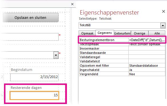 De DateDiff-functie in de eigenschap Besturingselementbron van een tekstvak invoeren.