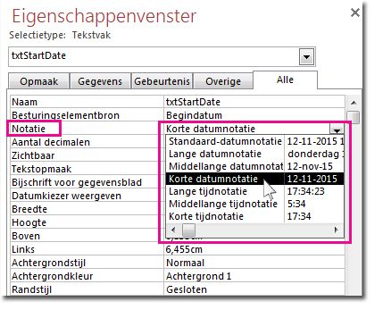 Een afbeelding van het eigenschappenvenster met de vervolgkeuzelijst Notatie.