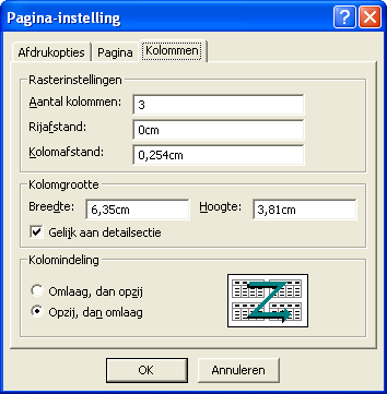 Het tabblad Kolommen van het dialoogvenster Pagina-instelling