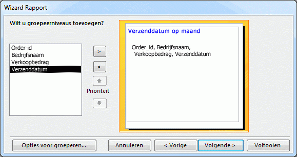 Groepeerniveaus toevoegen in de wizard Rapport