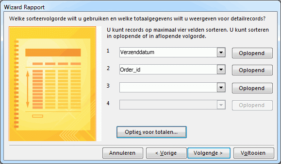 Sorteervolgorden in de wizard Rapport
