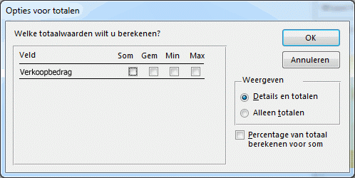 Opties voor totalen in wizard Rapport